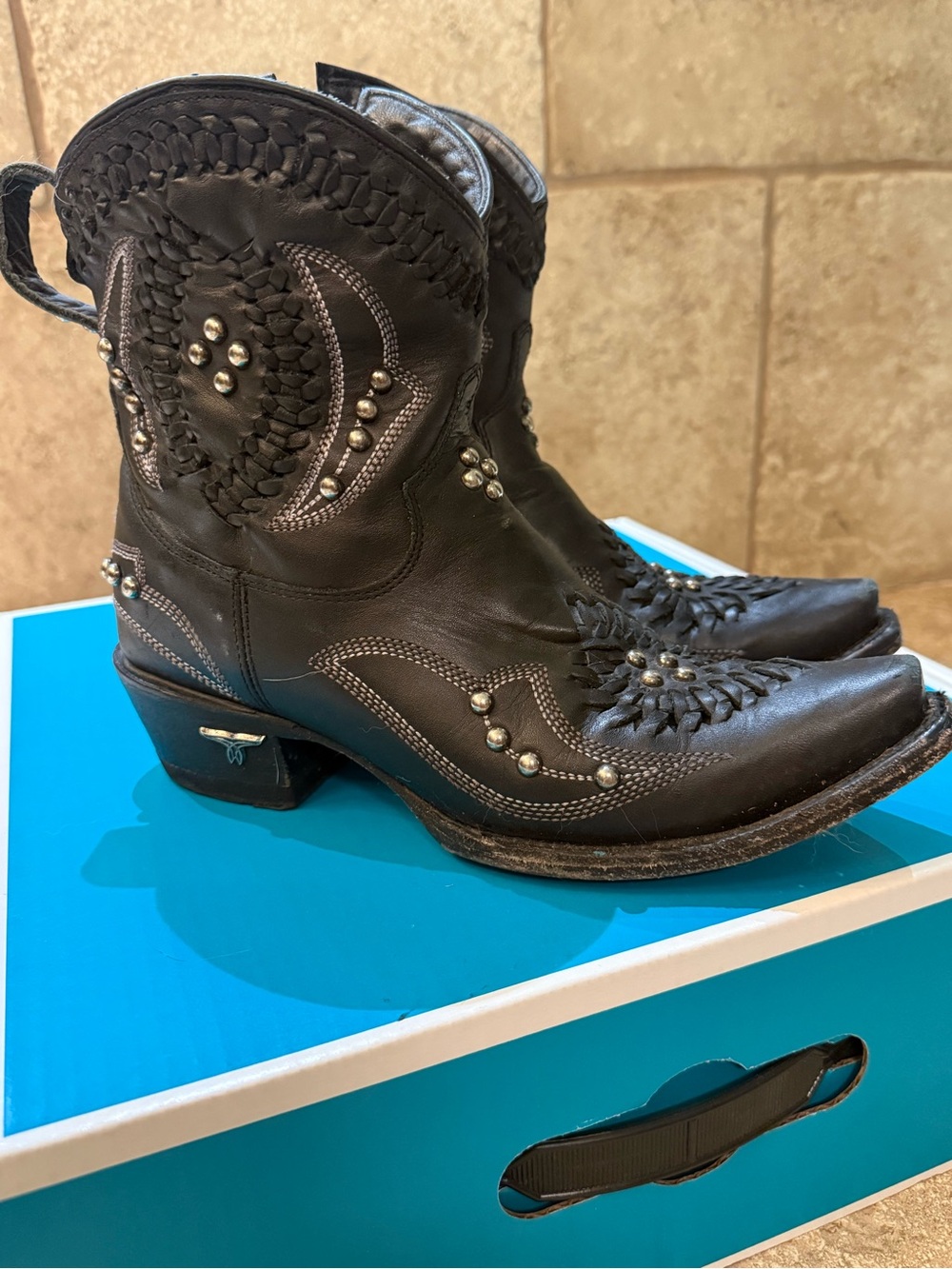 Lane Studded Braided Leather Western Ankle Boots - Black